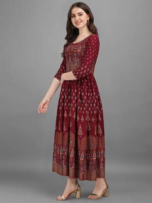 Maroon printed viscose rayon long-dresses 4