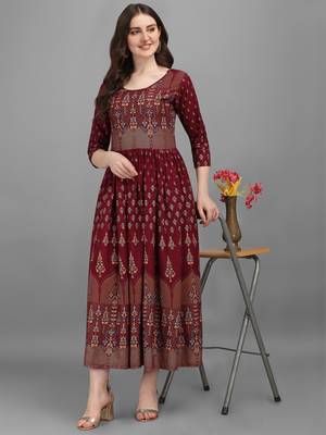 Maroon printed viscose rayon long-dresses 5