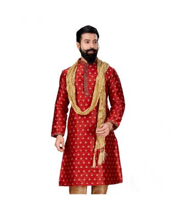 Men Red Dupion Silk Woven Zari Buta Designer Kurta 1