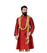 Men Red Dupion Silk Woven Zari Buta Designer Kurta