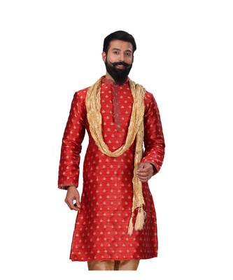 Men Red Dupion Silk Woven Zari Buta Designer Kurta 2