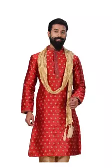 Men Red Dupion Silk Woven Zari Buta Designer Kurta