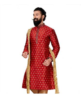 Men Red Dupion Silk Woven Zari Buta Designer Kurta 3
