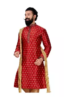 Men Red Dupion Silk Woven Zari Buta Designer Kurta