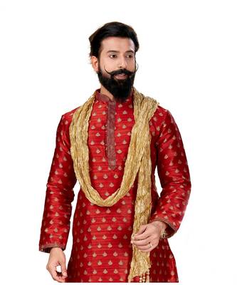 Men Red Dupion Silk Woven Zari Buta Designer Kurta 4