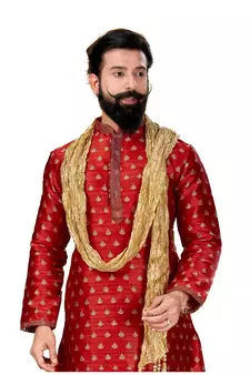 Men Red Dupion Silk Woven Zari Buta Designer Kurta