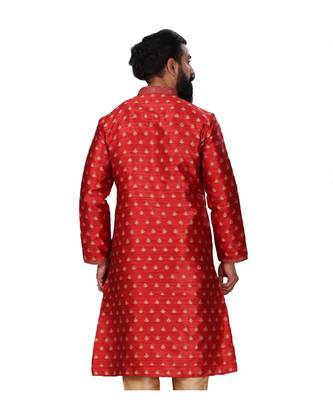 Men Red Dupion Silk Woven Zari Buta Designer Kurta 5