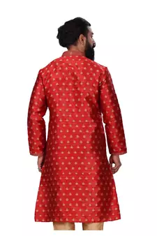 Men Red Dupion Silk Woven Zari Buta Designer Kurta