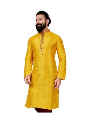 Men Yellow Dupion Silk Woven Zari Buta Designer Kurta 4