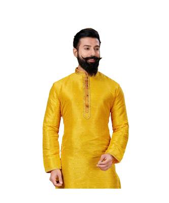 Men Yellow Dupion Silk Woven Zari Buta Designer Kurta 5