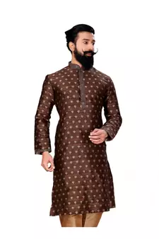 Men Brown Dupion Silk Woven Zari Buta Designer Kurta