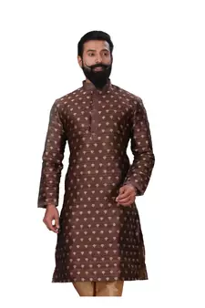 Men Brown Dupion Silk Woven Zari Buta Designer Kurta