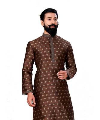 Men Brown Dupion Silk Woven Zari Buta Designer Kurta 5