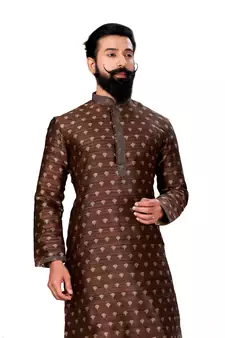 Men Brown Dupion Silk Woven Zari Buta Designer Kurta