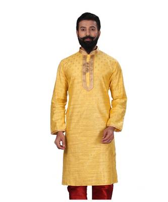 Men Yellow Dupion Silk Woven Zari Buta Designer Kurta 2