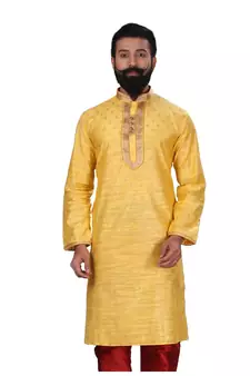 Men Yellow Dupion Silk Woven Zari Buta Designer Kurta