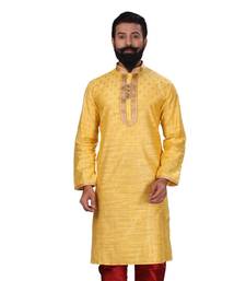 Men Yellow Dupion Silk Woven Zari Buta Designer Kurta