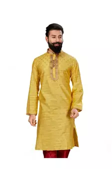 Men Yellow Dupion Silk Woven Zari Buta Designer Kurta