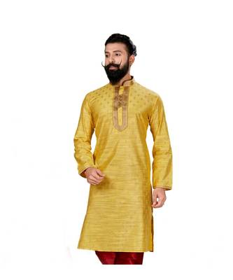 Men Yellow Dupion Silk Woven Zari Buta Designer Kurta 4