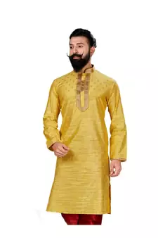 Men Yellow Dupion Silk Woven Zari Buta Designer Kurta