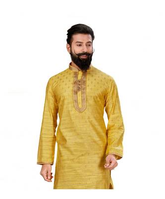 Men Yellow Dupion Silk Woven Zari Buta Designer Kurta 5