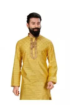 Men Yellow Dupion Silk Woven Zari Buta Designer Kurta
