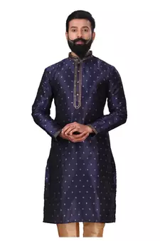 Silk Zari Buta Embroidered Designer Navy Blue Kurta