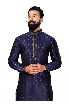 Silk Zari Buta Embroidered Designer Navy Blue Kurta