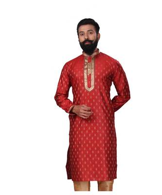 Men Red Dupion Silk Woven Zari Buta Designer Kurta 2