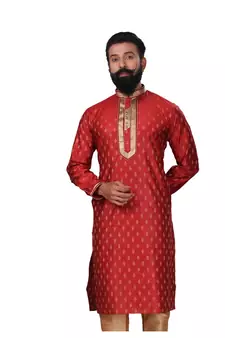 Men Red Dupion Silk Woven Zari Buta Designer Kurta