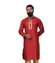 Men Red Dupion Silk Woven Zari Buta Designer Kurta