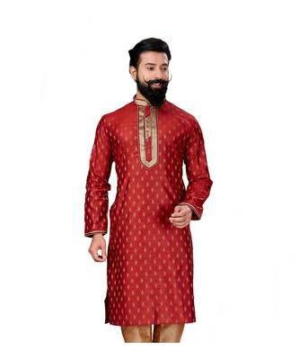 Men Red Dupion Silk Woven Zari Buta Designer Kurta 3