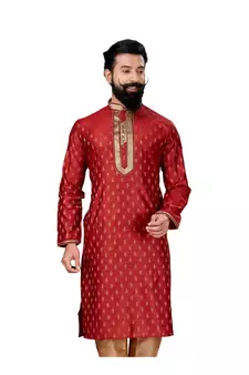 Men Red Dupion Silk Woven Zari Buta Designer Kurta