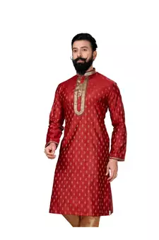 Men Red Dupion Silk Woven Zari Buta Designer Kurta