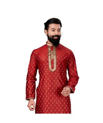 Men Red Dupion Silk Woven Zari Buta Designer Kurta 5