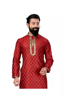 Men Red Dupion Silk Woven Zari Buta Designer Kurta