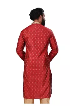 Men Red Dupion Silk Woven Zari Buta Designer Kurta