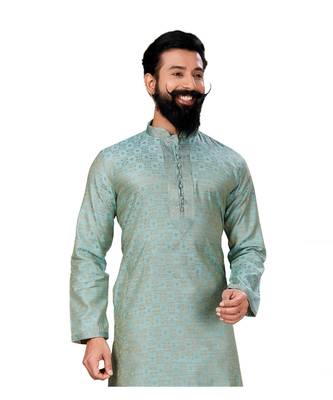 Men Jacquard Silk Woven Sky Blue Embellished Kurta 5