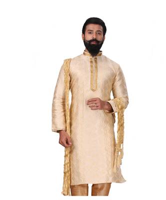 Men Jacquard Silk Woven white Embellished Kurta 2