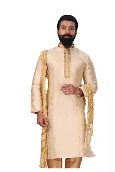 Men Jacquard Silk Woven white Embellished Kurta