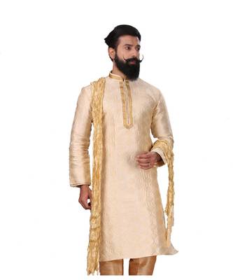 Men Jacquard Silk Woven white Embellished Kurta 3