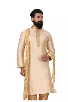 Men Jacquard Silk Woven white Embellished Kurta