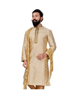 Men Jacquard Silk Woven white Embellished Kurta 4