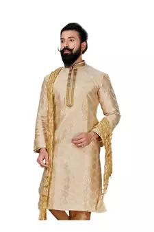 Men Jacquard Silk Woven white Embellished Kurta