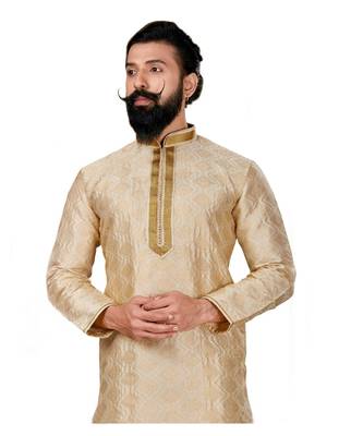 Men Jacquard Silk Woven white Embellished Kurta 5