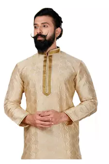 Men Jacquard Silk Woven white Embellished Kurta