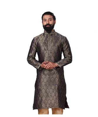 Men Jacquard Silk Woven Navy Blue Embellished Kurta 2