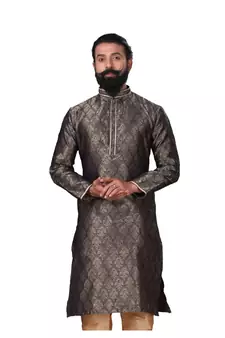 Men Jacquard Silk Woven Navy Blue Embellished Kurta