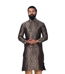 Men Jacquard Silk Woven Navy Blue Embellished Kurta