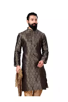 Men Jacquard Silk Woven Navy Blue Embellished Kurta